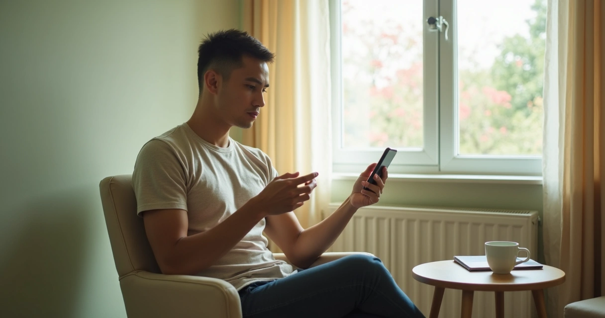 Pessoa observando o celular com atenção em ambiente calmo