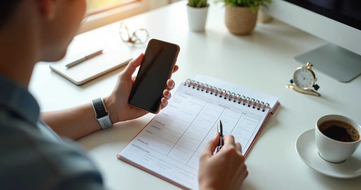 Pessoa organizando o uso do celular com anotações e relógio na mesa