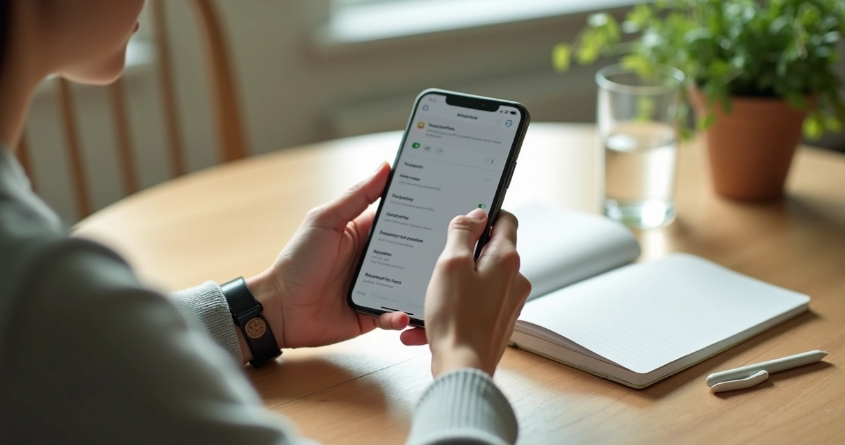Pessoa ajustando limites de notificações no celular em ambiente calmo 