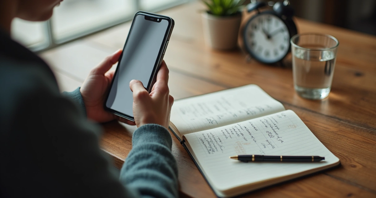 Persona usando el móvil con libreta y reloj sobre una mesa