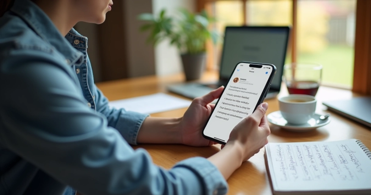 Persona revisando una publicación en su móvil antes de compartirla