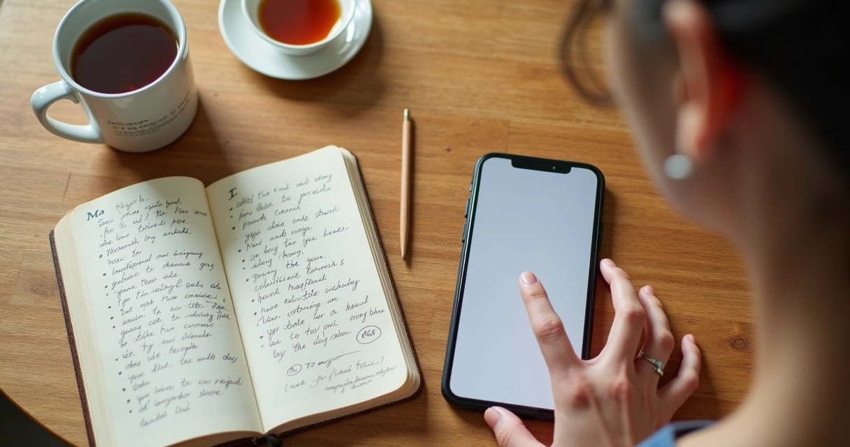 Mesa com celular, caderno e mão desligando notificações 