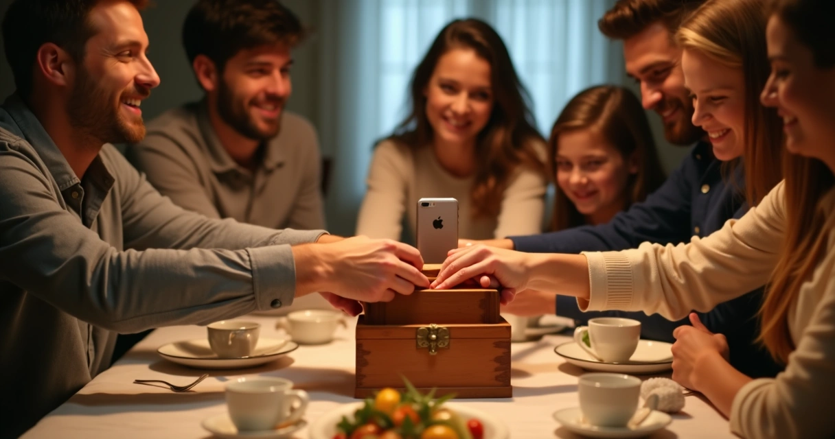 Persona adulta guardando el móvil en una caja de madera durante la cena