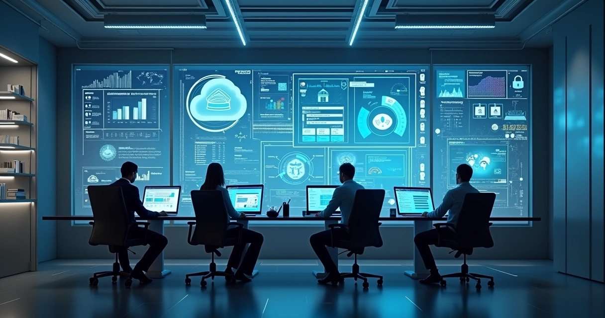 Equipe corporativa usando armazenamento em nuvem para dados críticos 
