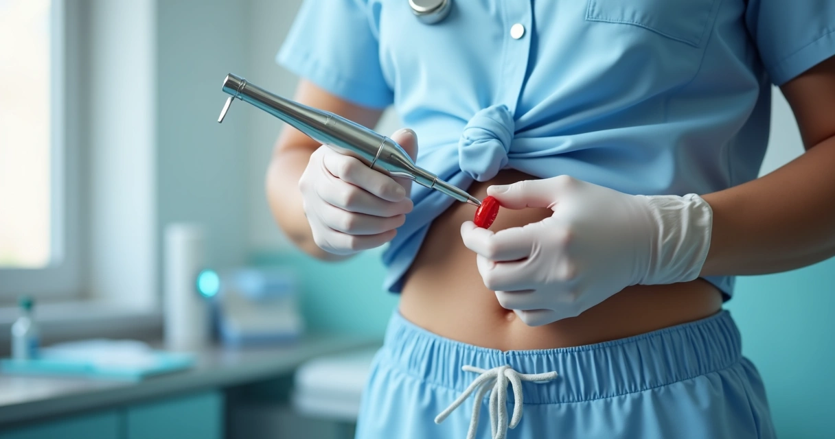 Orquidômetro sendo usado corretamente em ambiente clínico com fundo desfocado 