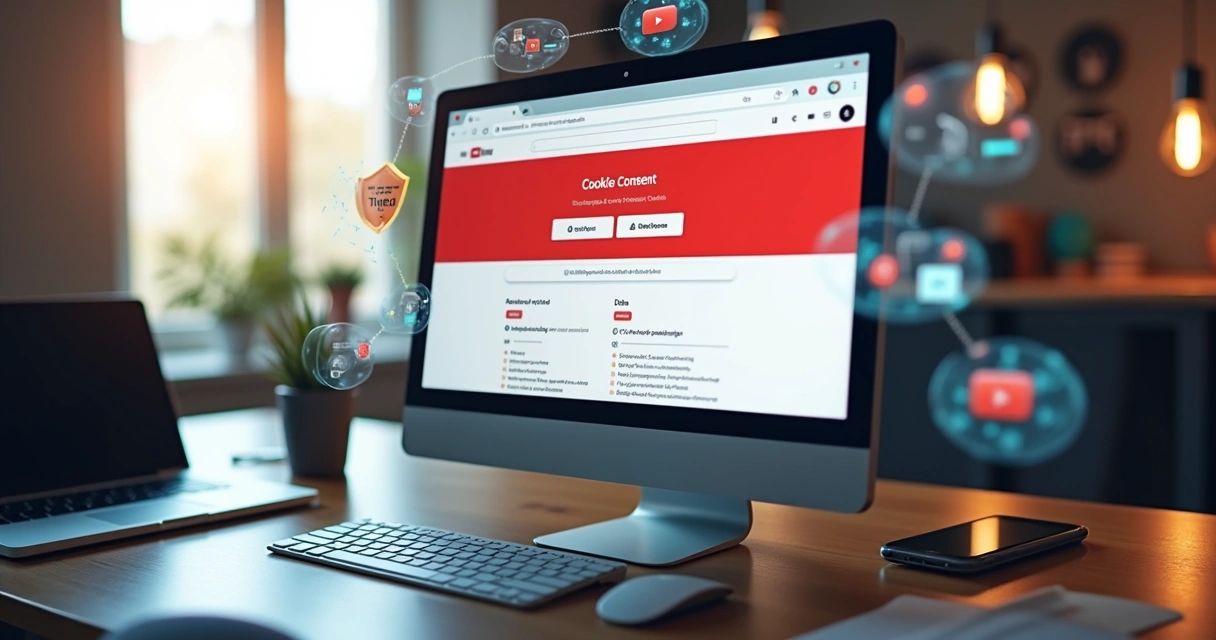 Tela do YouTube mostrando aviso de cookies e opções de privacidade, com ícones de dados e configurações ao redor 