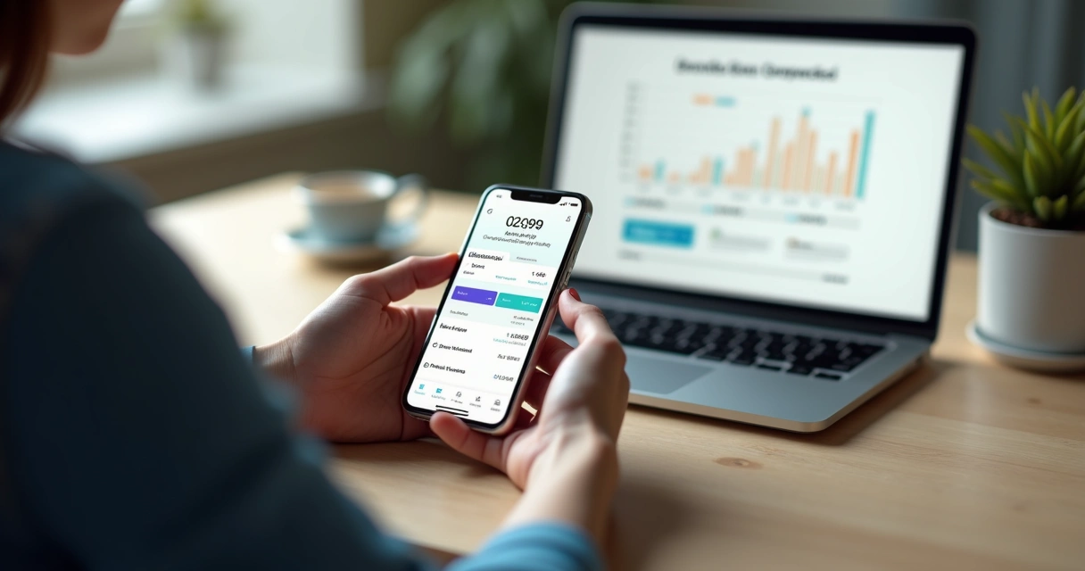 Pessoa utilizando aplicativo financeiro no celular para parcelar suas contas e visualizar taxas. 