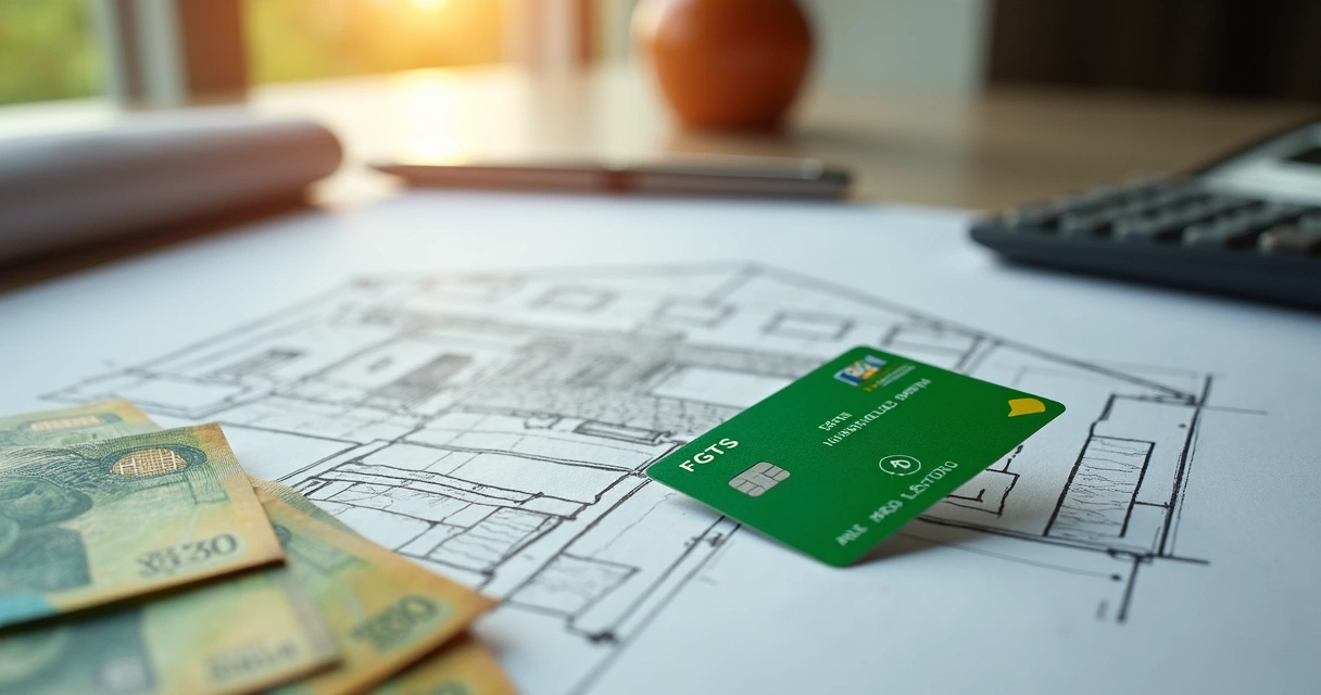 Cédulas de dinheiro e cartão do FGTS ao lado de planta arquitetônica 