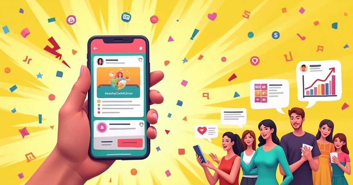 Ilustração de um smartphone com postagens de redes sociais exibindo hashtags populares em um fundo vibrante.