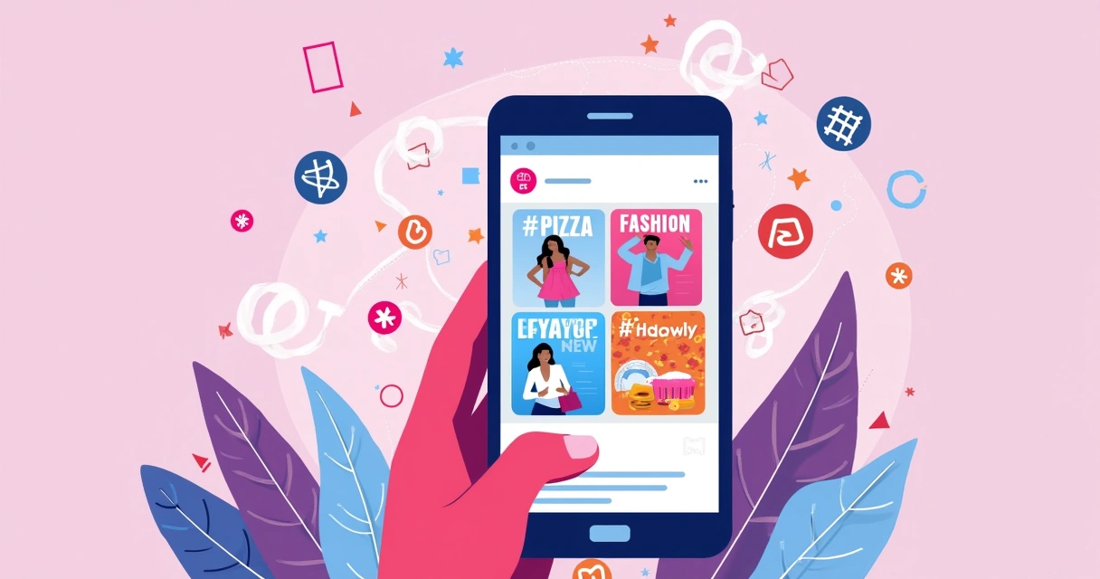Ilustração vibrante sobre o uso eficaz de hashtags no Instagram com smartphone e postagens coloridas.