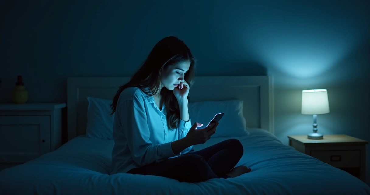 Pessoa olhando o celular sozinha em ambiente escuro 