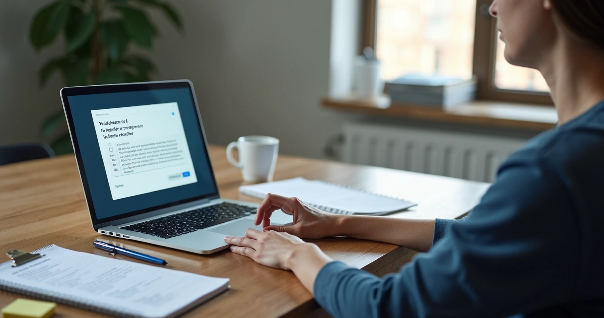 Pessoa revisando resposta de IA em notebook com anotações ao lado