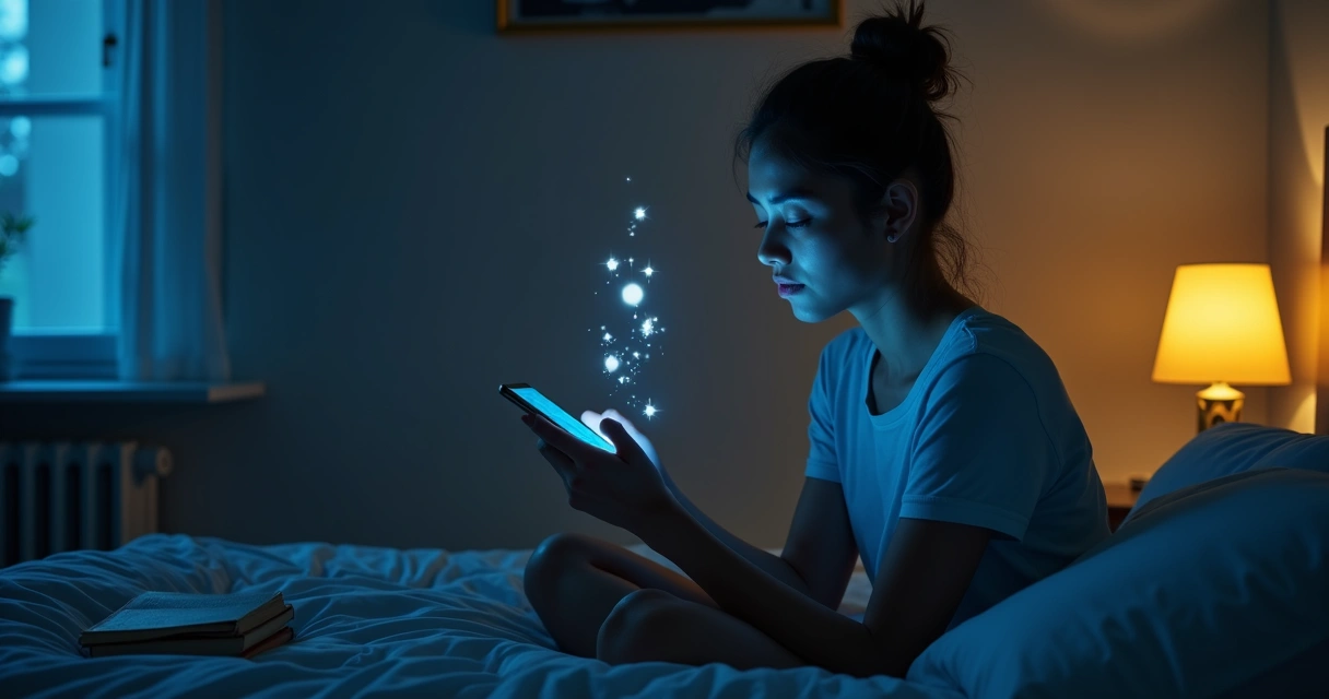 Pessoa olhando o celular em quarto com notificações ao redor