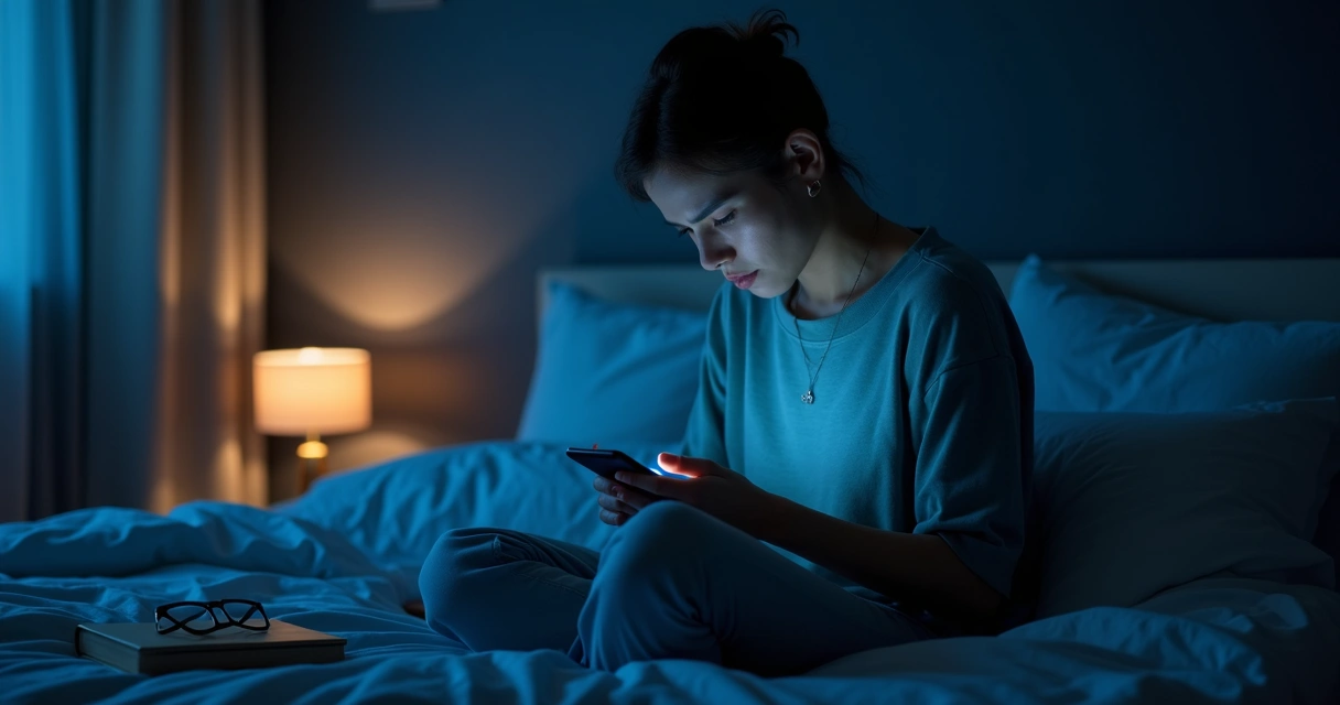 Pessoa olhando o celular à noite com tensão no pescoço