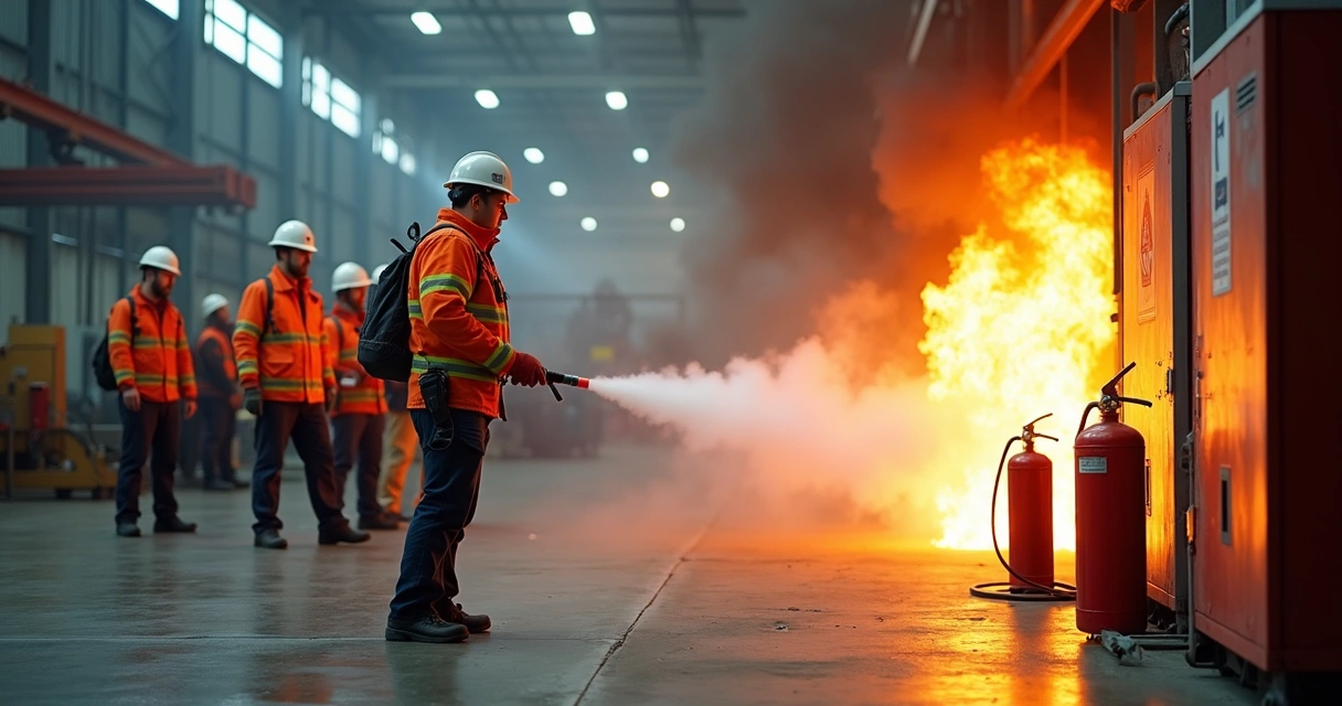 Treinamento prático com extintor de CO2 em ambiente industrial