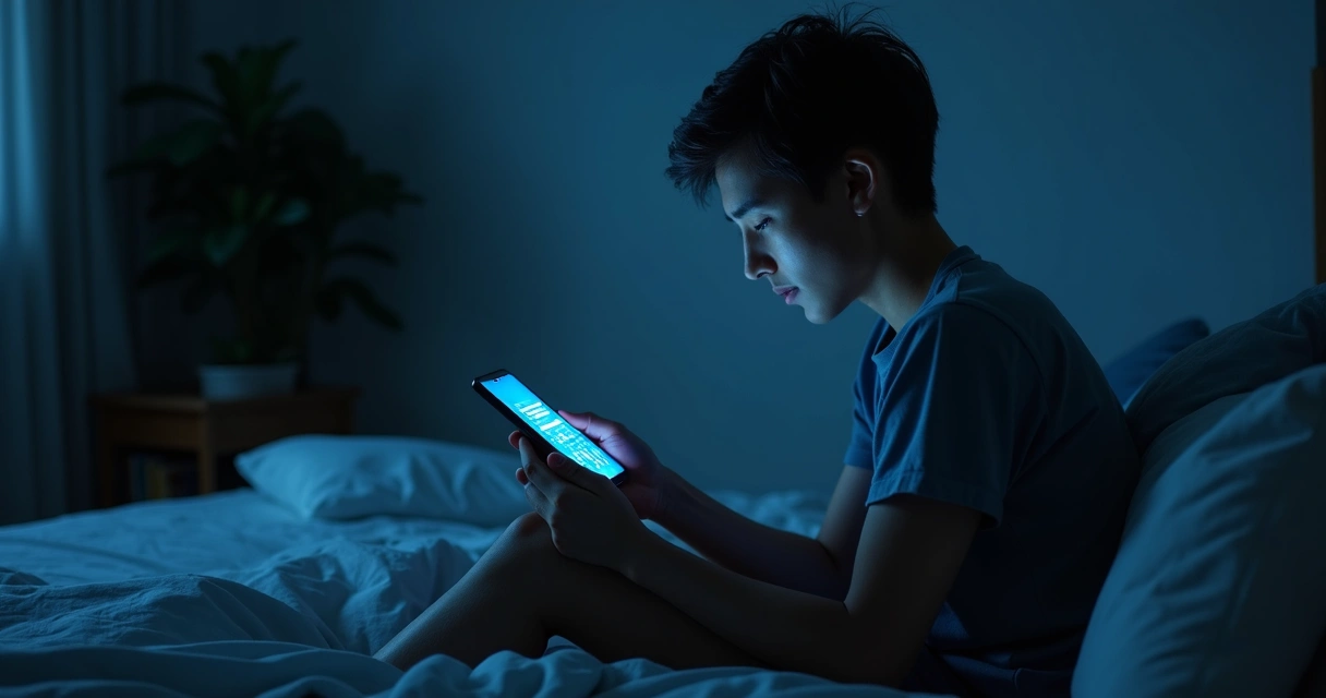 Pessoa sentada olhando o celular em ambiente com luz azulada 