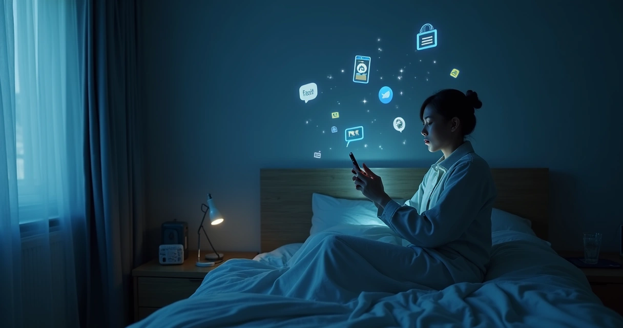 Pessoa olhando o celular em ambiente escuro com várias notificações ao redor