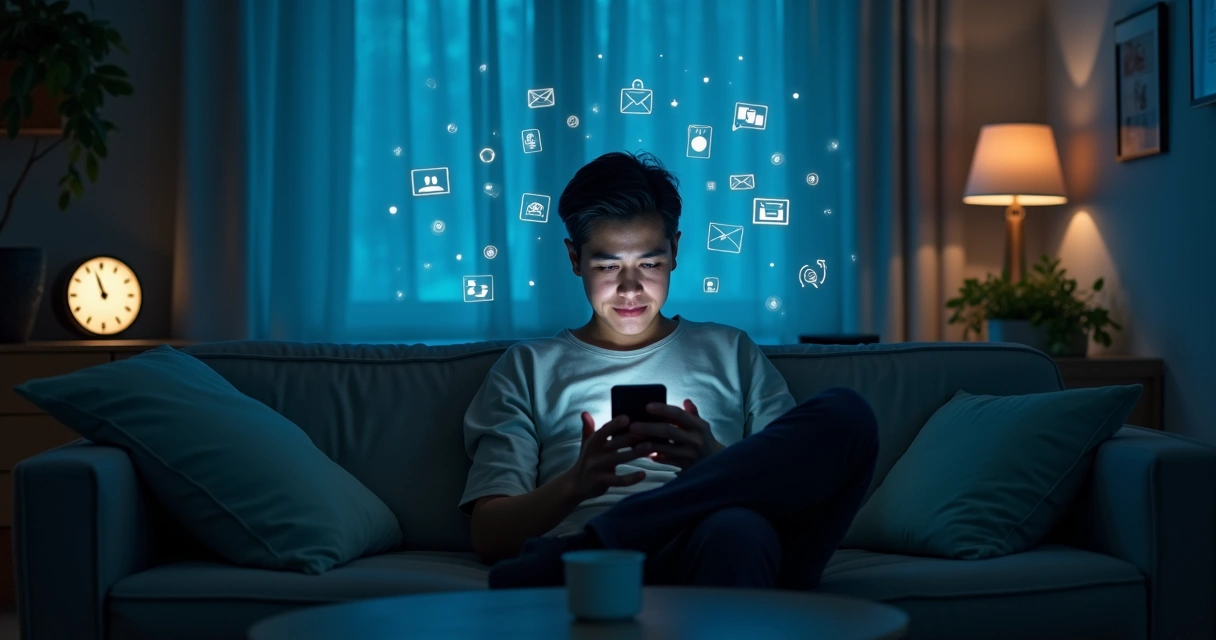 Pessoa olhando o celular em ambiente escuro com várias notificações ao redor