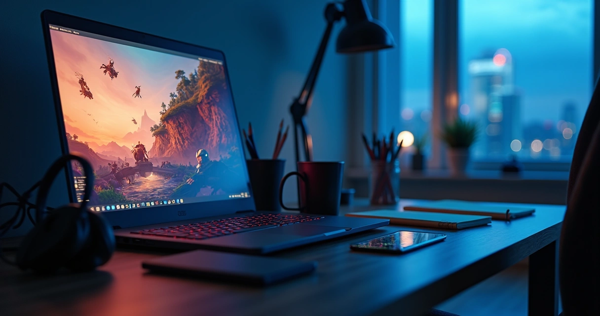 Pessoa usando notebook gamer em mesa de estudo e jogo