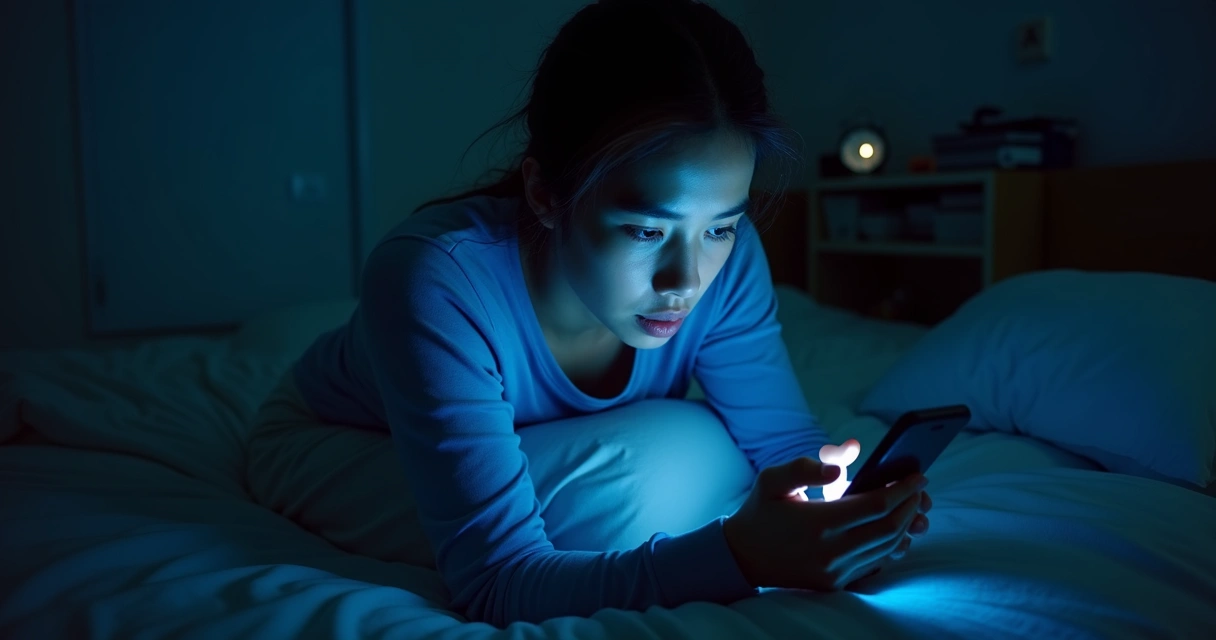 Pessoa usando celular à noite na cama 