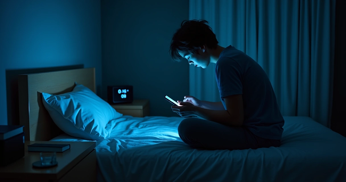 Pessoa usando celular à noite na cama