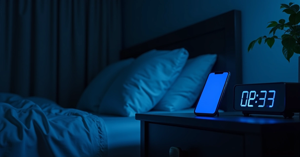 Celular ao lado da cama em quarto escuro durante a noite 