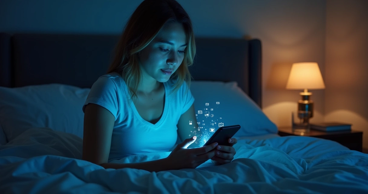 Pessoa usando celular à noite na cama com luz azul