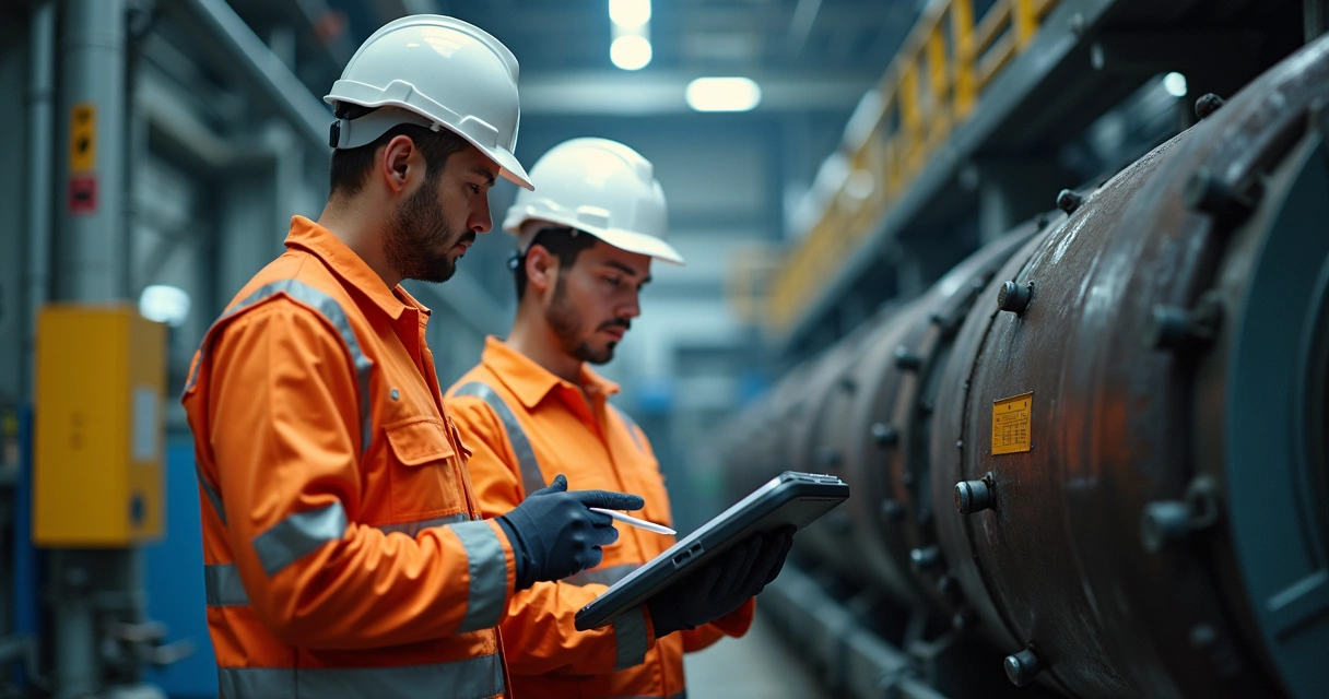 Técnico industrial usando ferramenta digital em atividade de campo 