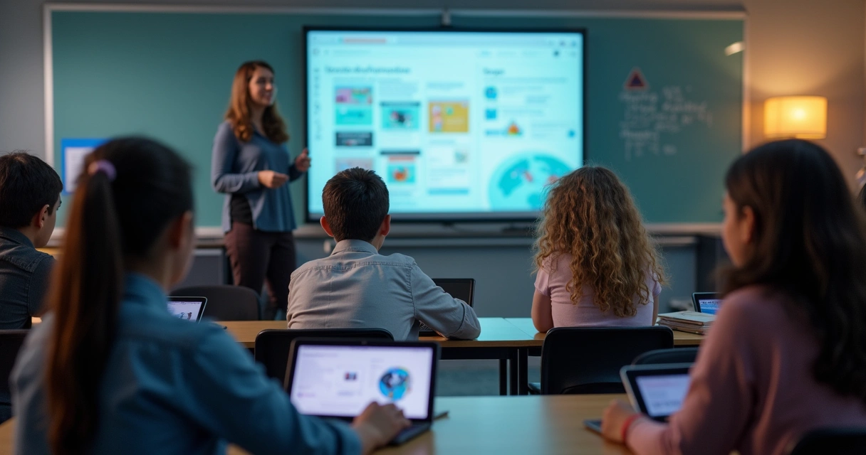 Professor usando recursos digitais educativos na aula 