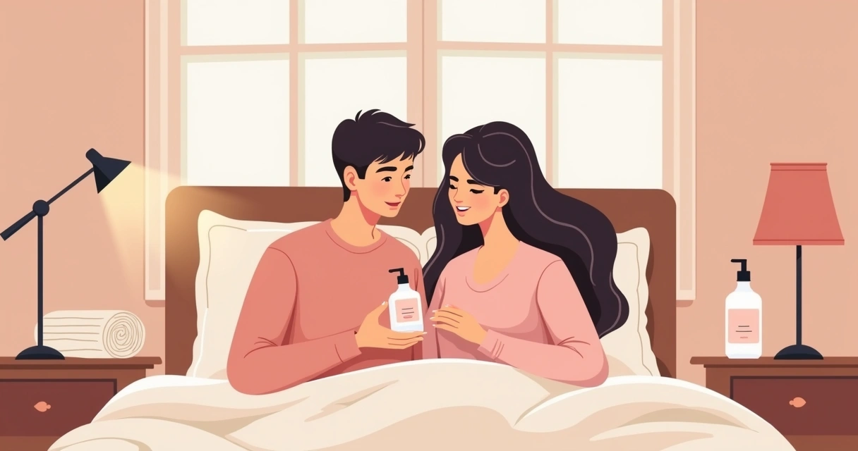 Casal consultando rótulo de produto íntimo em ambiente discreto 