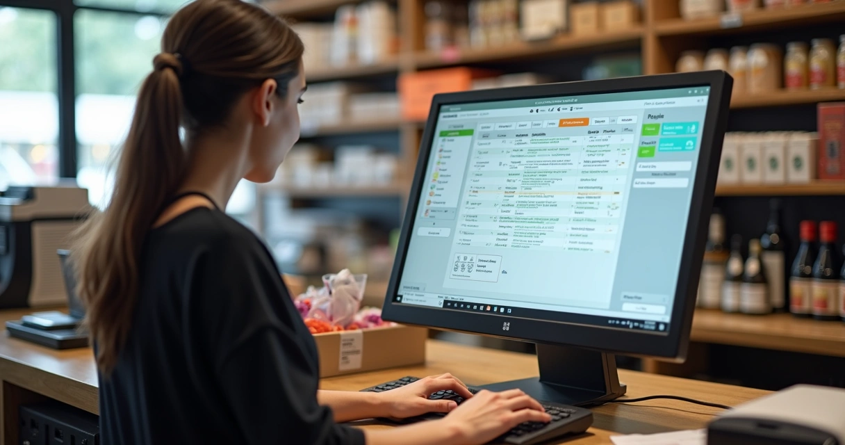 Pessoa usando software de gestão em loja no computador 