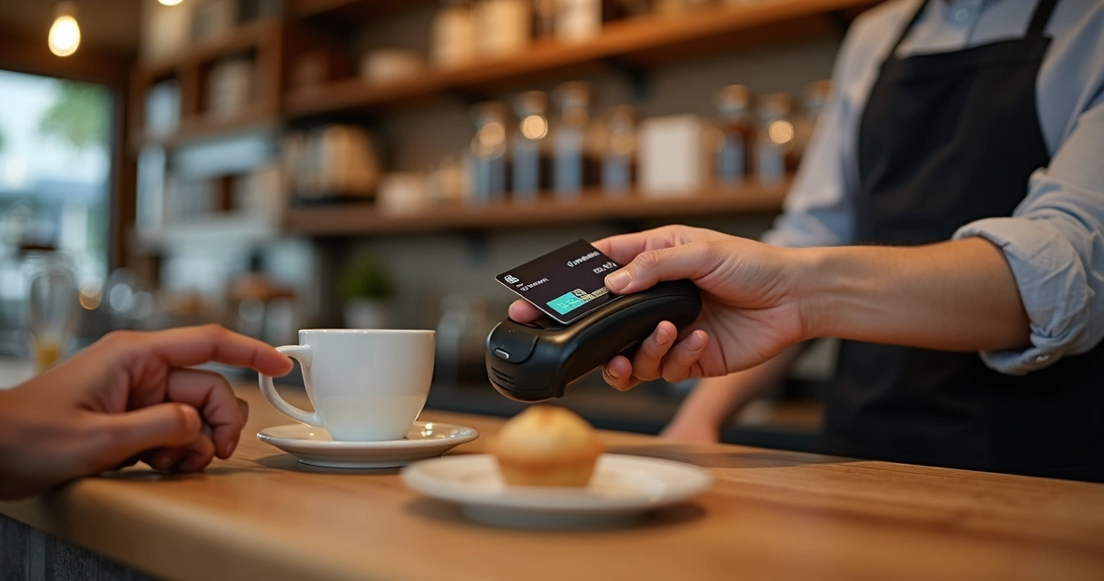 Persona paga con tarjeta de débito en una cafetería 