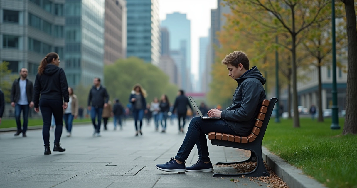 Jovem sentado em um banco de praça urbana usando notebook, rodeado por prédios, enquanto outras pessoas passam sem interagir 