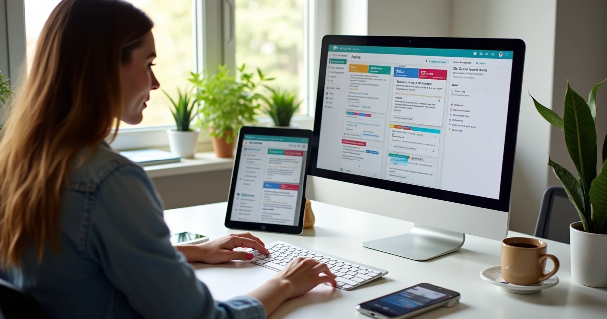 Mulher usando Trello no computador e tablet