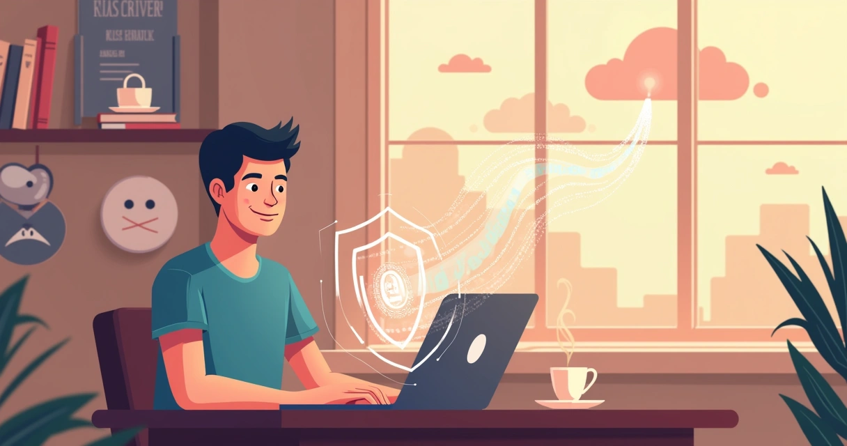 Pessoa usando laptop em café, com escudo digital representando a criptografia da VPN.