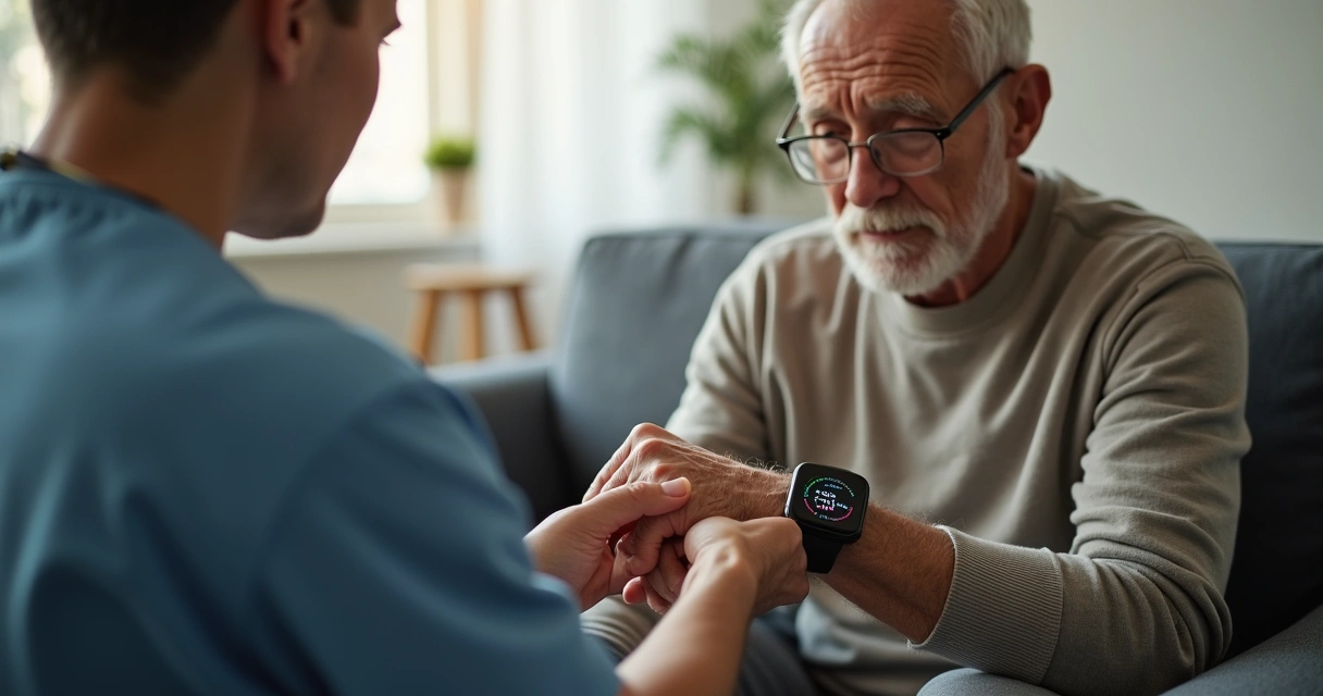 Idoso usando relógio de monitoramento em casa