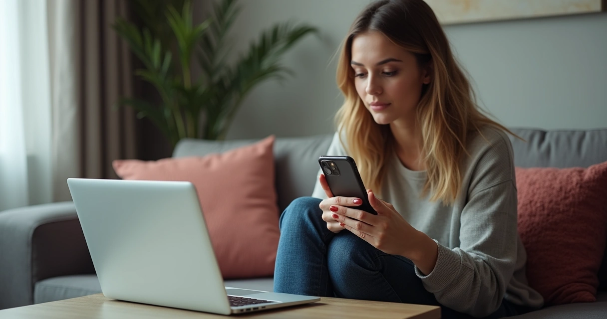 Mulher jovem testando site em smartphone 