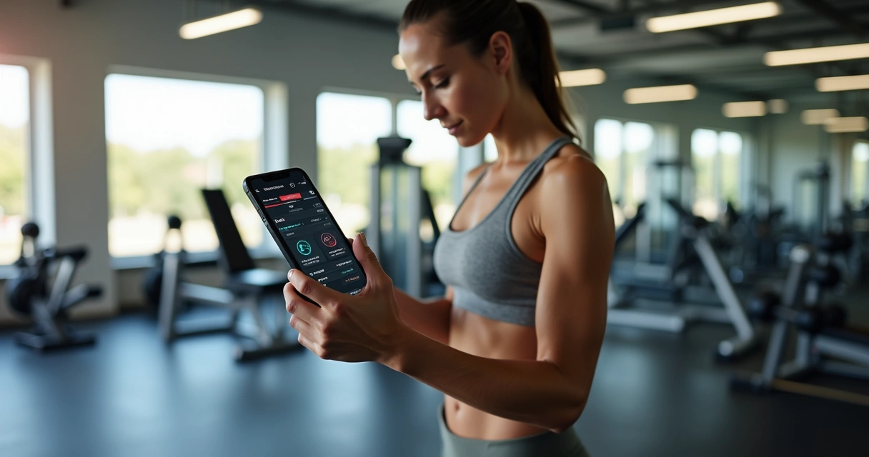 Mulher treinando musculação usando aplicativo no smartphone com interface de treino exibida 