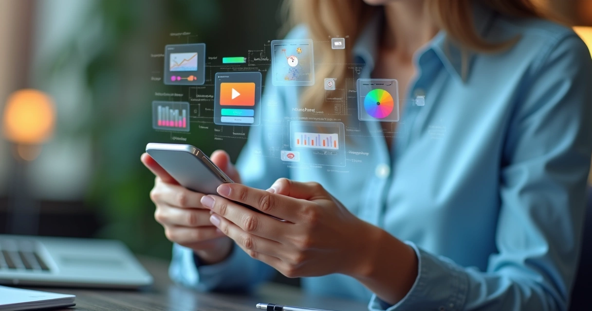 Pessoa navegando em aplicativo no smartphone com elementos gráficos de interface ao redor 