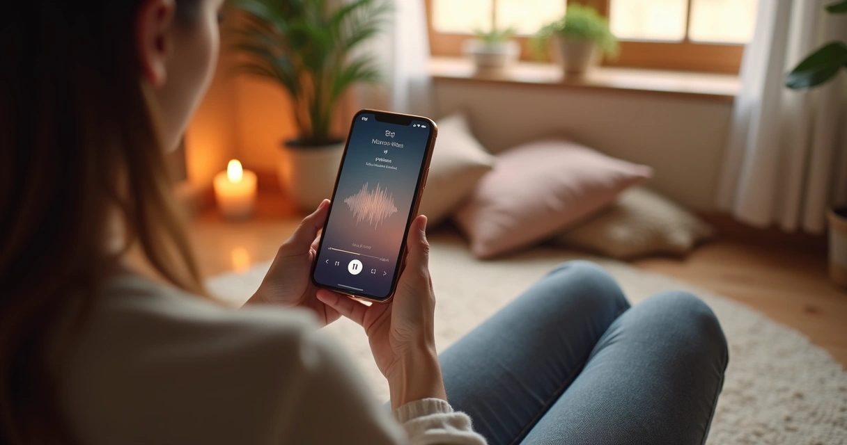 Pessoa sentada em ambiente calmo e iluminado, usando celular com MyVibes aberto 