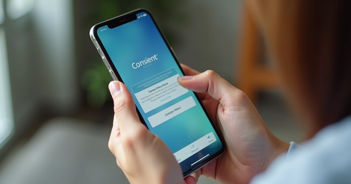 Homem segurando smartphone e lendo banner de consentimento personalizado 