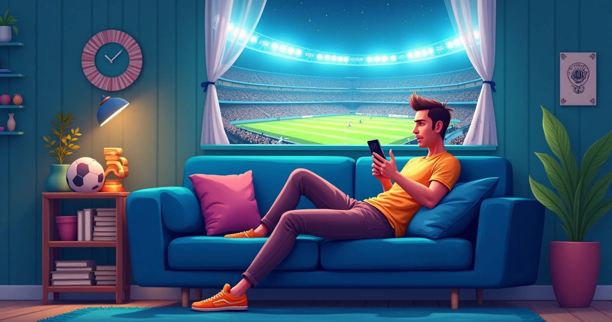 Usuário do aplicativo Betano em casa, realizando uma aposta em seu smartphone, com um estádio visível ao fundo.