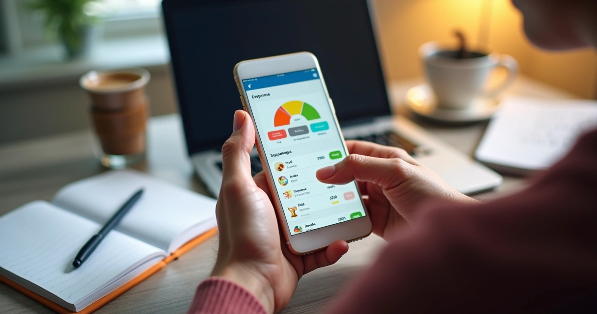 Pessoa usando smartphone para categorizar despesas financeiras em aplicativo com gráficos e listas na tela 