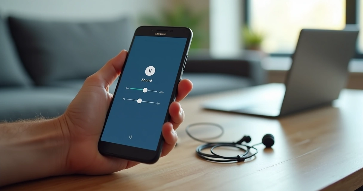 Pessoa segurando celular Samsung verificando configurações de som 