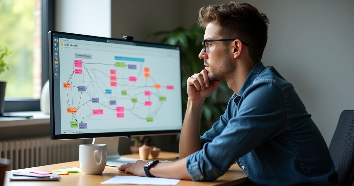 Usuário pensativo analisando fluxo de automação no computador 