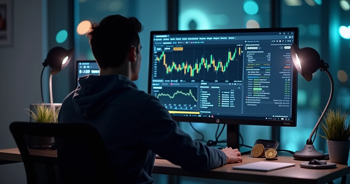 Pessoa configurando bot de criptomoedas no computador 