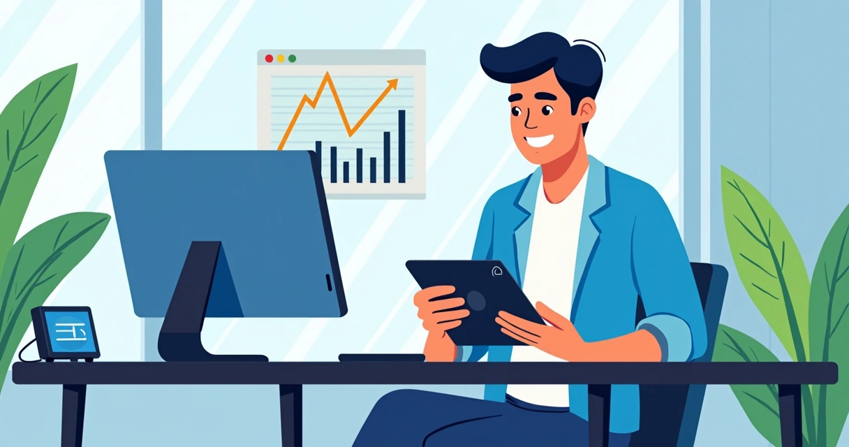 Usuário feliz usando sistema em tablet rapidamente