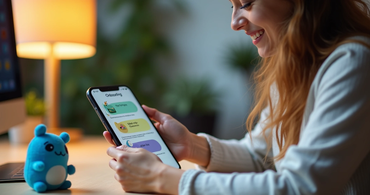 Pessoa usando aplicativo e sorrindo 