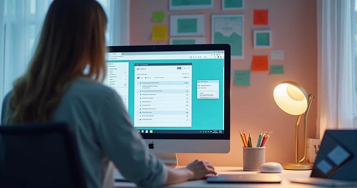 Pessoa criando aplicativo no Power Apps em computador com ambiente iluminado 