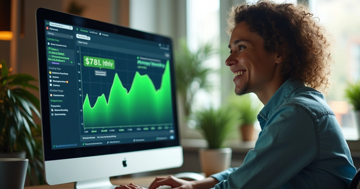 Usuário feliz observando resultados positivos de marketing no LinkedIn em tela de computador 